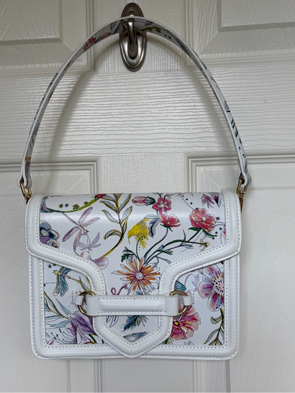 Authentic Italian Handmade White Floral Botanical Structured Leather Bag